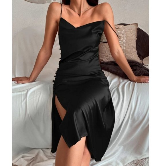 Cowl Neck Satin Cami Dress with Split Thigh - black - Picture 2 of 7